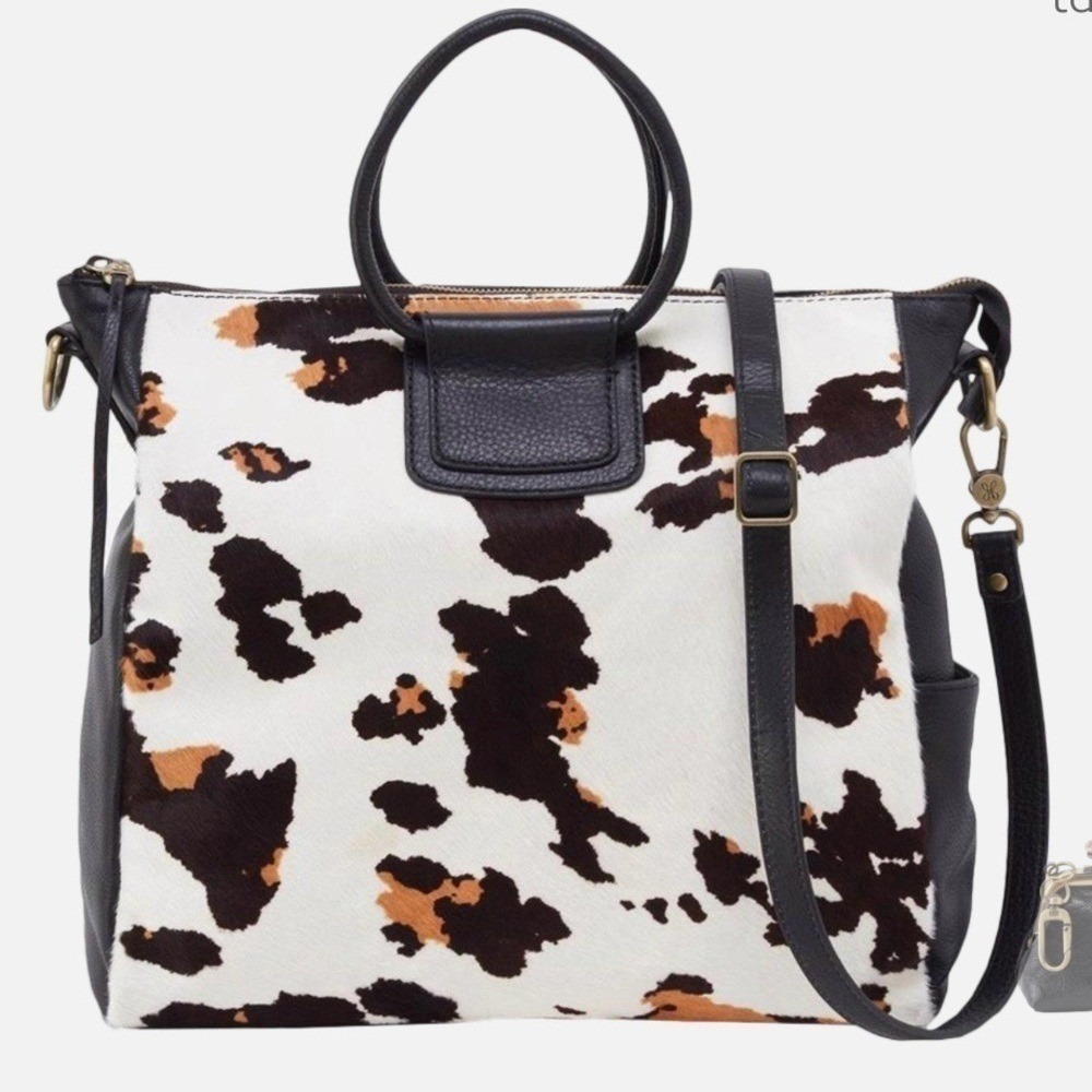 Hobo Sheila Large Cow Print Hair-On Leather Satchel Crossbody, Brown/Black NWT
